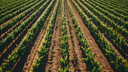 A geometric top-down view of a vineyard with perfectly aligned rows of vines.