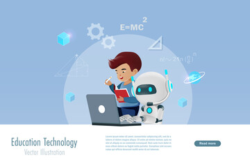 AI Artificial intelligence robot assist student kid doing online homework and searching data on computer. AI smart search engine and data research. Education technology.