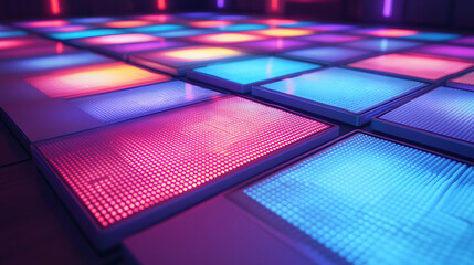 A glowing dance floor with interactive LED panels lighting up under footsteps.
