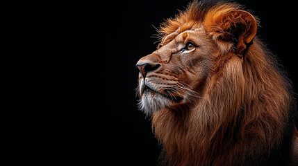 Naklejka premium A lion's head and shoulders, looking upward against a dark background.