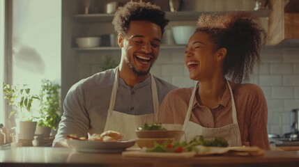 Joyful african american couple cooking together at home in a cozy kitchen.