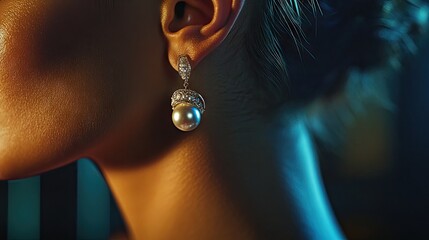 Close-up portrait of a woman showcasing elegant pearl earrings, highlighting refined jewelry and soft lighting.