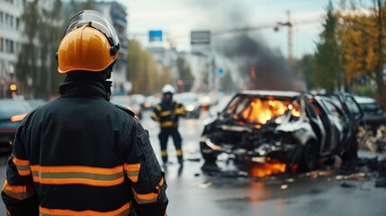 Obraz premium Firefighter Observes Vehicle Fire with Thick Smoke Rising from Damaged Car, Emergency Response in Urban Environment, Action and Safety in Crisis Situation