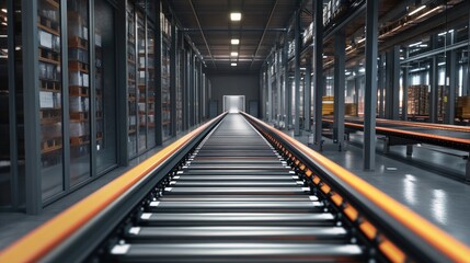 Fototapeta premium A view of a modern warehouse with metal conveyor belts and bright lighting, creating a functional and organized atmosphere.