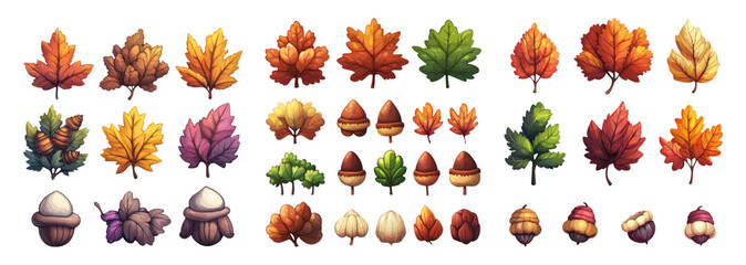 Obraz premium Colorful Autumn Leaves and Acorns on Transparent Background