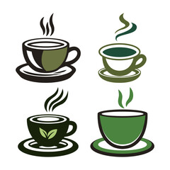 Set of A Cup of Hot Green Tea Aromatic Herbal Healthy Drink with Leaves in Cafe