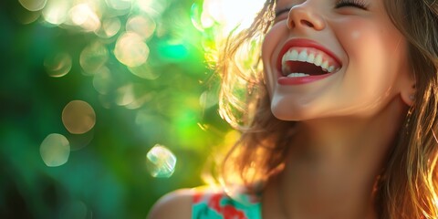 Laughing young woman in sunlight surrounded by greenery, carefree happiness, natural beauty, Generation Z positivity, vibrant colors, outdoor summer vibes, selective focus

