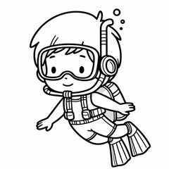 Blank coloring book illustration, a boy wearing a diver's costume is diving.