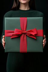 closeup woman carrying a huge christmas green gift box wrapped in a red ribbon, a happy woman...