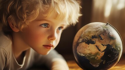 Curious young boy with blond hair looking at globe