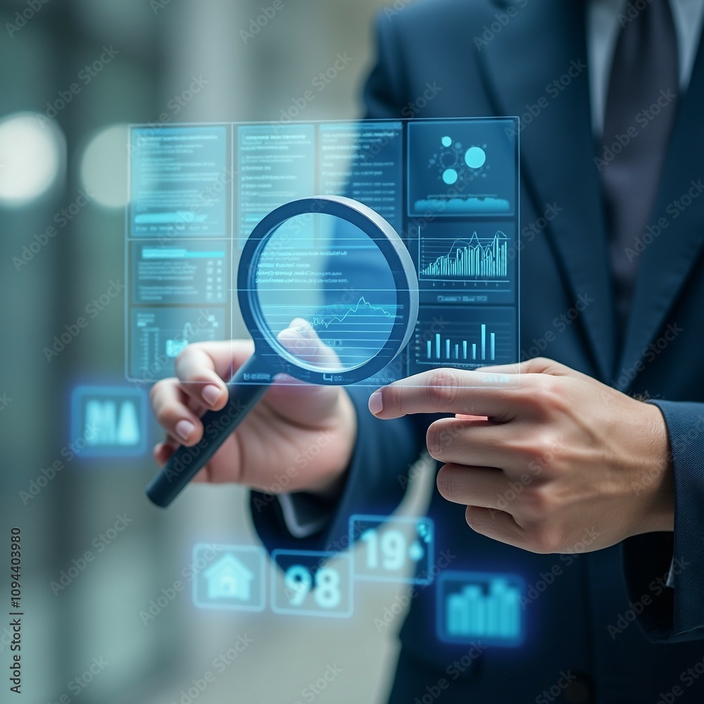 Poster accountant holding a magnifying glass for document audit concept, assessing quality and evaluation p