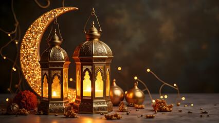 Obraz premium Ramadan Kareem Festive Decoration with Lanterns and Crescent Moon. Concept of Islamic celebration.