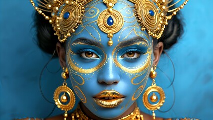 A Celestial Beauty: A Portrait of Divine Elegance - A mesmerizing portrait of a woman adorned with gold and blue. The Golden Goddess: A Portrait of Regal Beauty. 1