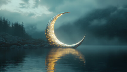 Obraz premium A crescent moon glows softly on the water's surface, creating a serene reflection