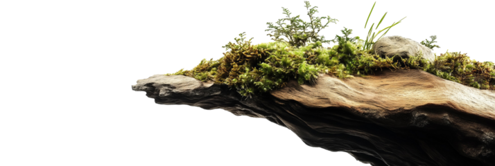 piece of driftwood with moss and small plants growing on it