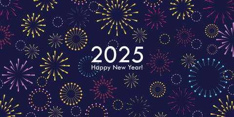 Background with flat geometric colorful fireworks and Happy New Year text. Gorgeous abstract fireworks on dark blue background. Vector design for greeting card, holiday banner, print, cover. © Aaliayah
