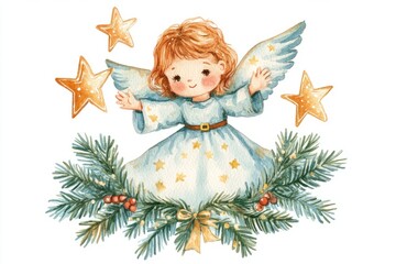 Fototapeta premium Happy Christmas. Cute Vintage Angel with Christmas stars on white background