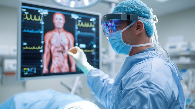 Artificial intelligence, medical and surgery in healthcare. Artificial intelligence, medical and surgery in healthcare. surgeon in scrubs and mask interacts with holographic display of human body.
