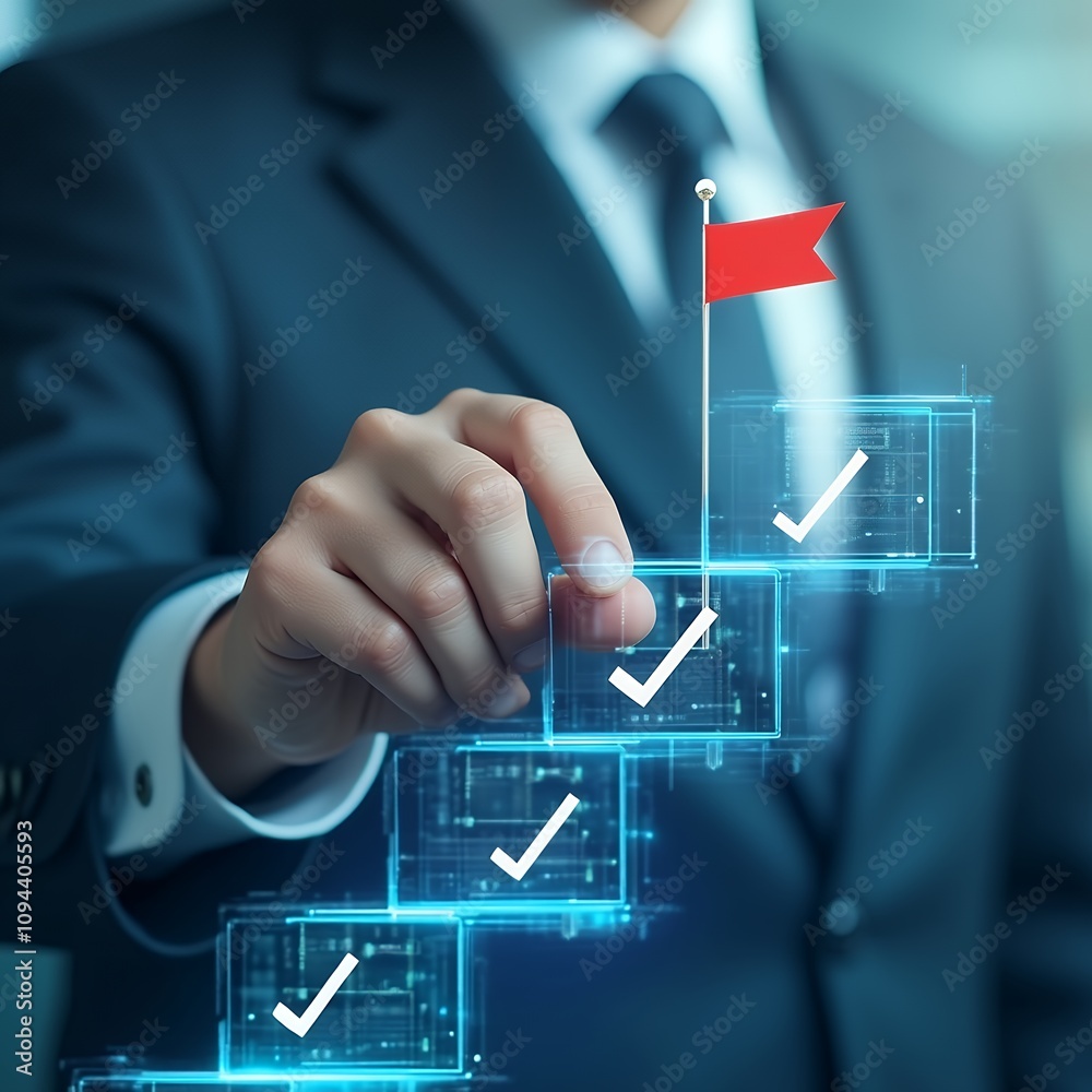 Poster Business Success and Goal Achievement Steps: Visualization of a Businessman Drawing Checkmarks on a Virtual Staircase Towards Goals Completion with a Red Flag Marking Success