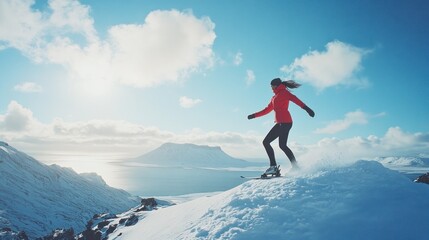 Rising skier silhouetted against sunny mountain view