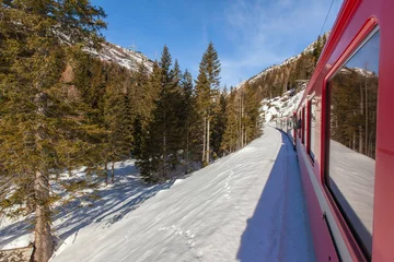 Red Express in the Winter Season Photo, Bernina Line  St.Moritz, Graubunden Switzerland