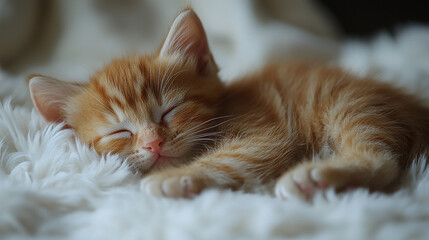 A small, orange tabby kitten is sleeping curled up on a white fluffy blanket.
