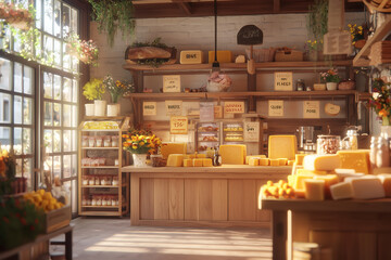 Fototapeta premium cheerful rustic cheese market with wooden shelves, vibrant flowers, and various cheese types displayed. warm atmosphere invites customers to explore