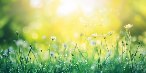 Fototapeta premium Little flowers and grass. Spring background. Generated AI