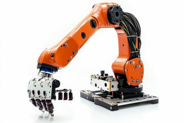 Orange robotic arm with metallic hand, isolated.