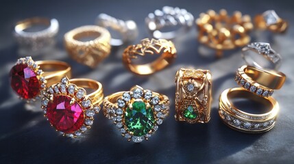 Fototapeta premium An exquisite collection of gold and gemstone rings featuring intricate designs and vibrant colors.