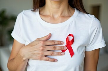 Woman with support HIV AIDS awareness red ribbon on the chest. Healthcare, medicine and AIDS awareness concept.