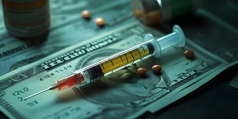 A syringe filled with a yellow liquid rests on US currency alongside pills, representing the high cost of healthcare. - Powered by Adobe