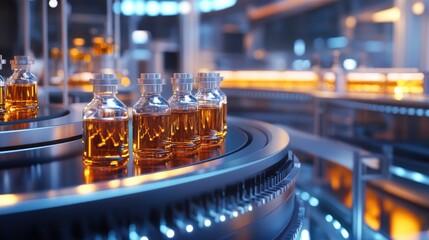 Close-up of amber glass vials on a modern production line, showcasing the sophisticated manufacturing of pharmaceutical products.