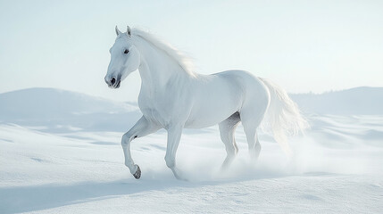 Fototapeta premium A white horse is running across a snowy landscape.