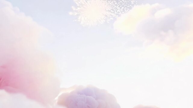 Gentle crane video with soft, dreamy pastel lighting reveals cotton candy fluff exploding outward, creating a whimsical atmosphere
