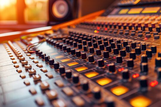 Mixing console with faders and knobs in a professional recording studio