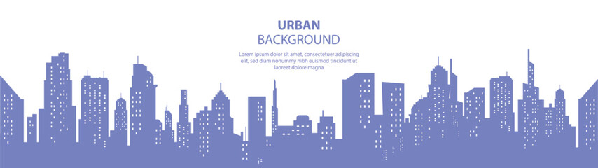 Naklejka premium City landscape with buildings. Towers and buildings in modern flat style on white background. Abstract horizontal banner and background with copy space for text. Vector header images for web