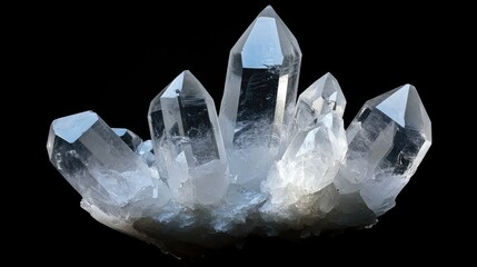 A stunning cluster of clear quartz crystals showcasing sharp points and intricate formations against a black background.