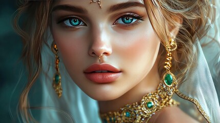A young woman with striking blue eyes and intricate jewelry exudes elegance and beauty.