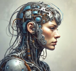 Technology illustration of cyborg with brain connections.
