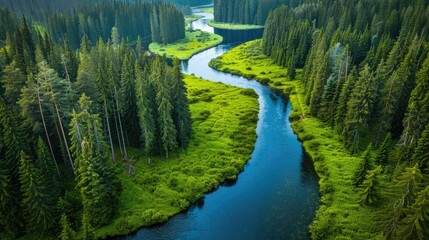 Obraz premium Serene river flows through lush forest. Perfect for nature, travel, and environmental themes.