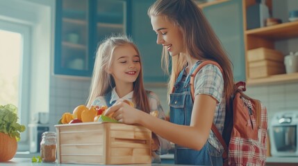 A smiling Caucasian mother and daughter enjoy unpacking fresh groceries together in a cozy kitchen.