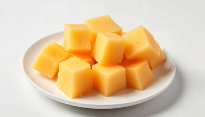 Cubes of Cheddar Cheese on a White Plate