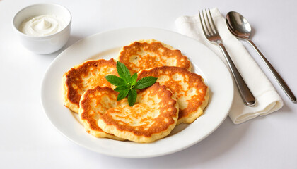 Russian Pancakes with Sour Cream and Fresh Herbs on a White Plate