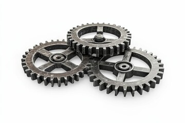 Three interlocking metallic gears, worn, cogs.
