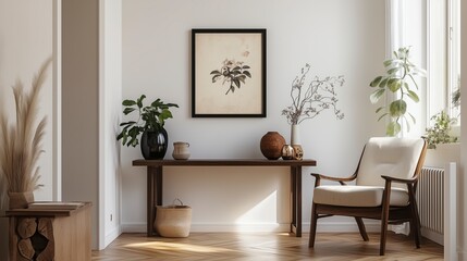 Fototapeta premium Cozy and stylish interior of living room with mock up poster frame, wooden console, flowers in vase, decorations and personal accessories. Modern home decor. Template. Zoom Virtual Meetings, Backdrop
