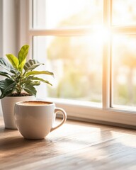 A warm cup of coffee sits next to a vibrant plant on a sunlit windowsill, creating a cozy and inviting atmosphere.