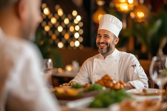Chef enjoying a cozy evening meal with friends