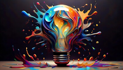 A vibrant, artistic light bulb surrounded by colorful paint splashes, symbolizing creativity and illumination.