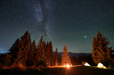 Panoramic view of mountain hill with illuminated camp tents, coniferous trees and hikers under...